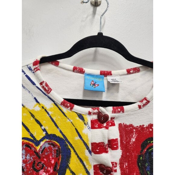 VTG 90s Sportelle Womens Wearable Art Cardigan Medium Heart Print Button Front - Picture 4 of 9